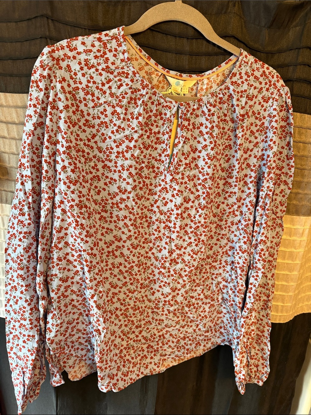 Boden Sky Blue Blouse with Red Floral Scatter